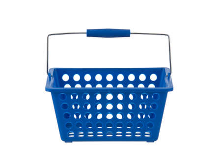 Blue plastic basket front view on pure white backgroundの写真素材