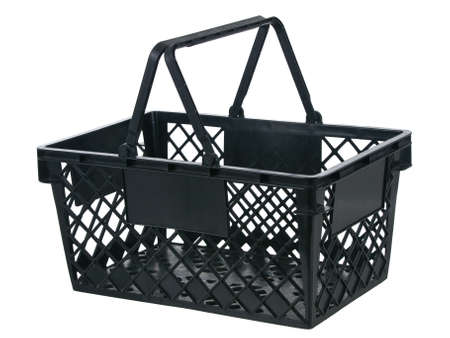 Black plastic basket side view handles up on pure white backgroundの写真素材