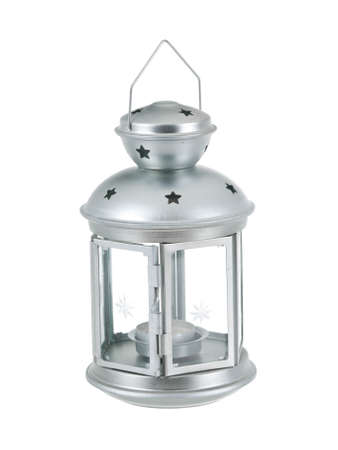 Tin grey lantern on pure white backgroundの写真素材
