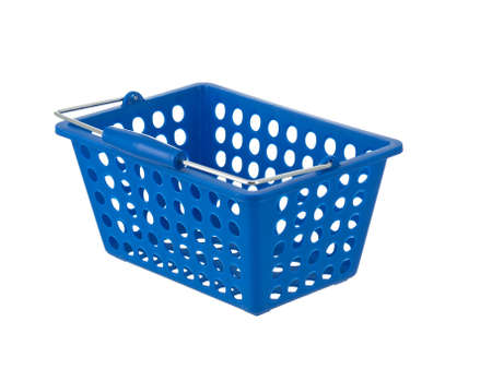 Blue plastic basket side view handle down on pure white backgroundの写真素材
