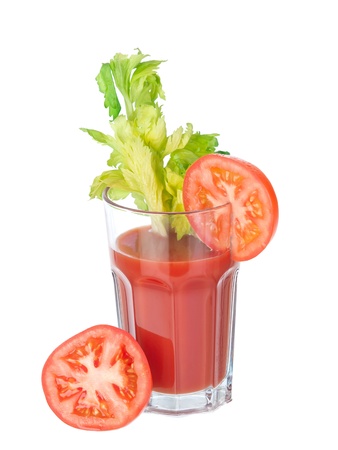 Vegetable juice glass with tomatoes 3/4 view on pure white backgroundの写真素材