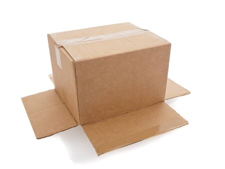 Cardboard open  view on pure white backgroundの写真素材