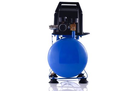 Mini blue compressor front view isolated on white backgroundの写真素材
