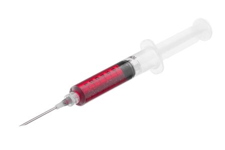Single use syringe full of blood isolated on pure white backgroundの写真素材