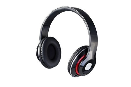 Wireless black headphones 3/4 view isolated on white backgroundの写真素材