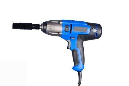 Blue impact gun with socket side view isolated on white backgroundの写真素材