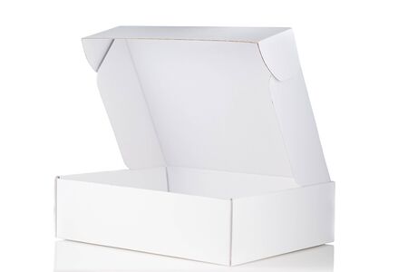 White cardboard box open 3/4 view isolated on white backgroundの写真素材