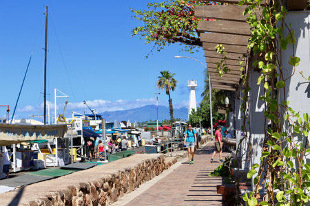 A view of a boardwalk in Lahaina on the island of Maui, Hawaii.のeditorial素材