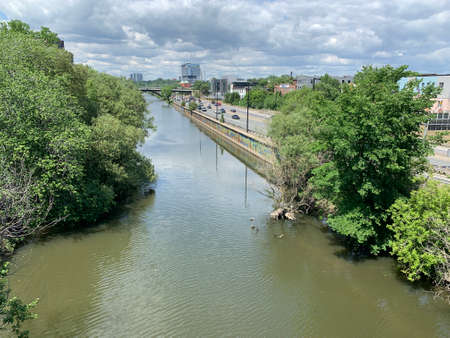 The Don Valley River runs along side the DVP Expressway in Toronto, Canada.の写真素材