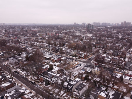 An aerial drone picture of the East York neighbourhood of Toronto in winter.の写真素材