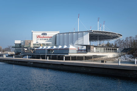 An exterior view of the Budweiser Stage music venue at Ontario Place, Toronto.のeditorial素材