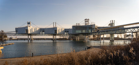 The Atlantis buildings of the former Ontario Place stand on piles above the waters of Lake Ontario.のeditorial素材