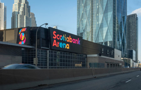 The Scotiabank Arena, home to the Toronto Maple Leafs and Toronto Raptors is seen across the Gardiner Expressway.のeditorial素材