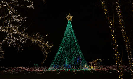 A large festive Christmas tree made of lights sparkles in the night sky in the weeks leading up to Christmas.の写真素材
