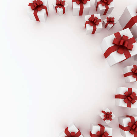 Beautiful white gift boxes with red ribbon isolated on whiteの写真素材