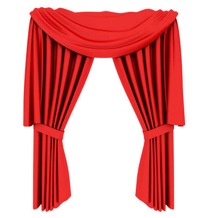 Red theater curtain isolated on white backgroundの写真素材