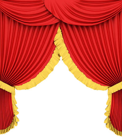 Red theater curtain isolated on white backgroundの写真素材