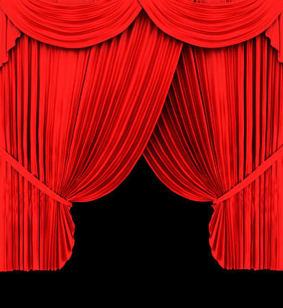 Red theater curtain isolated on black  backgroundの写真素材