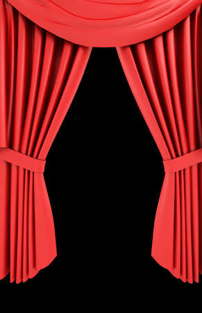 Red theater curtain isolated on black  backgroundの写真素材