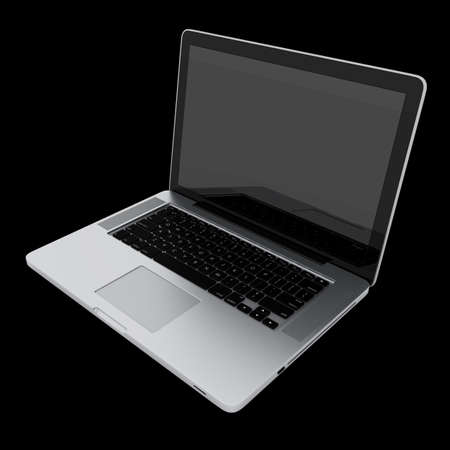 Modern laptop isolated on black with reflectionsの写真素材