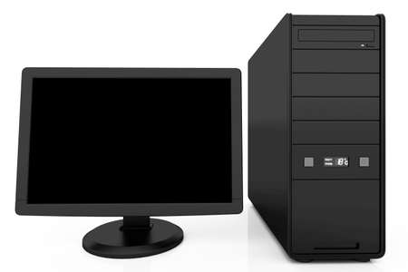 3d illustration of black desktop computer, over white backgroundの写真素材