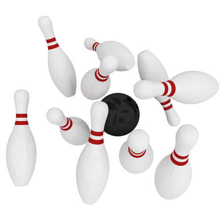 white skittles and black ball on white background, bowlingの写真素材