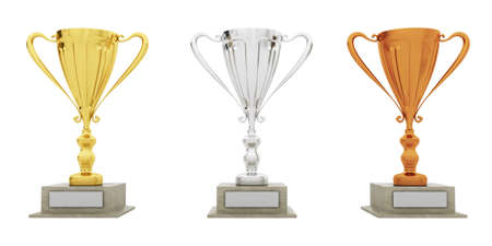 Golden, silver and bronze Trophy on whiteの写真素材