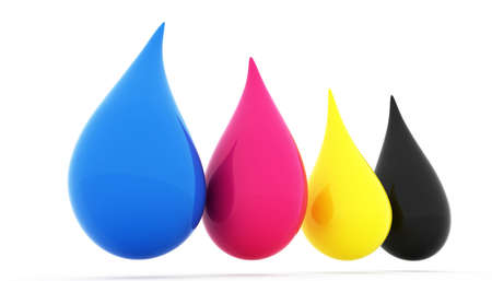 3D cmyk ink drops isolated on white の写真素材