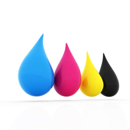 3D cmyk ink drops isolated on white の写真素材