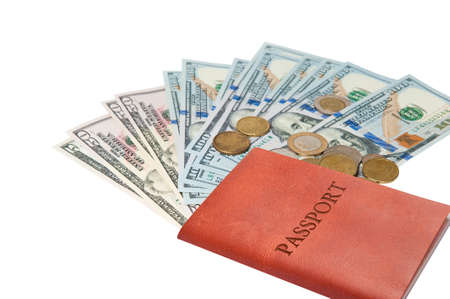 Passport and money. Travel expenses concept uncropped on white background. Money from different countries.の写真素材