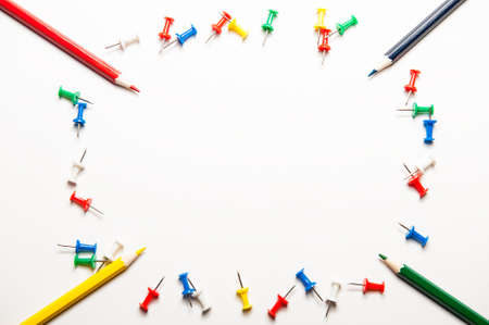 School supplies, stationery on white background - space for caption, top view.の写真素材