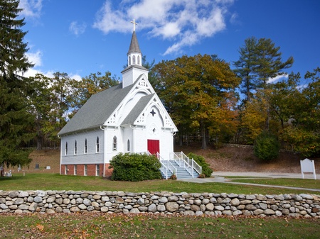 New England white church during the Fallの写真素材