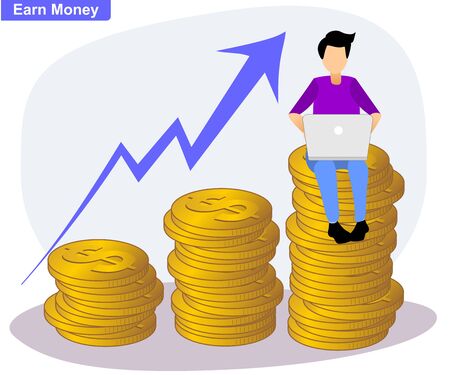 a digital entrepreneur earns money with the computer. He is sitting on a pile of moneyのイラスト素材