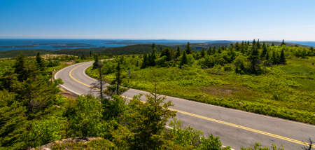 empty road in Acadia National Park. With a view of the North Atlanticの写真素材