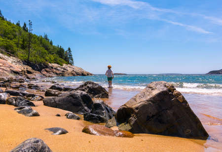 A person walking into the water at sand beach, Acadia National Park.の写真素材