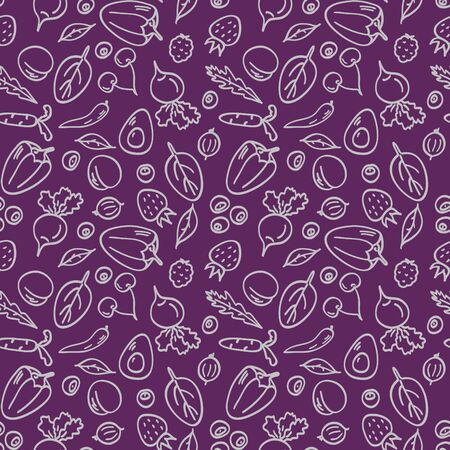 Healthy vegetarian food, seamless pattern on purple background. Drawings of vegetables, fruits, berries in doodle style. Design element for shops, fabric, textile, cafe, restaurant, packaging, sitesのイラスト素材