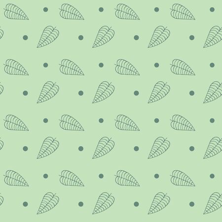 Vector seamless hand drawn pattern of leaves and dots on a green-gray background. Background in muted pastel colors for the design of napkins, textiles, fabrics, paper, notebooks, packaging, sitesのイラスト素材