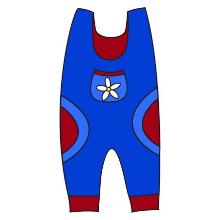 Blue children jumpsuit with pockets on the side and a pocket with a daisy flower on the chest. Flat trendy fashion illustrationのイラスト素材