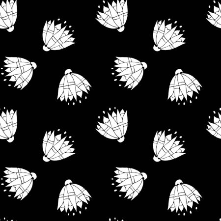 Black and white seamless floral pattern. White flowers hand-drawing on a black backgroundのイラスト素材