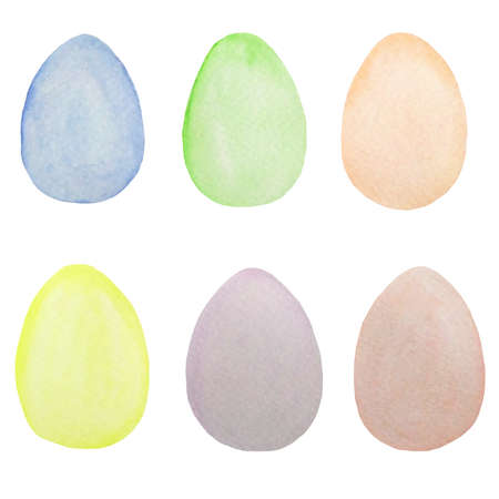 Set of six plain painted Easter eggs. Hand drawn watercolor illustration. For the design of Easter cards, wrapping paper, textiles, advertising bookletsの写真素材