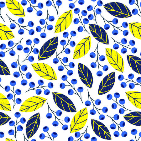 Seamless berry pattern. Decorative pattern of blue berries, yellow and blue leavesのイラスト素材