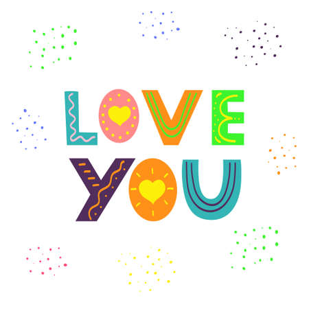 Love you. Romantic calligraphy. Multicolored bright hand drawn lettering with hearts. Greeting card, bannerのイラスト素材