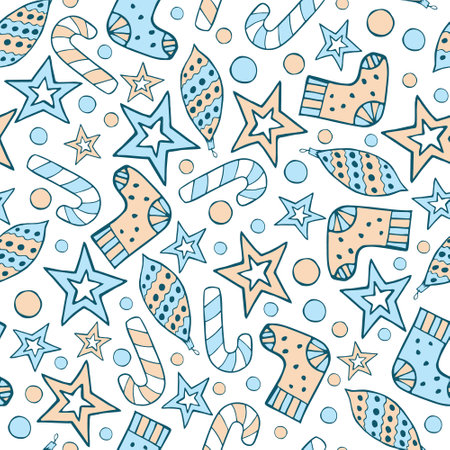 Christmas doodles seamless pattern. Pattern in pastel colors from New Year's attributes - candy, stars, socksのイラスト素材