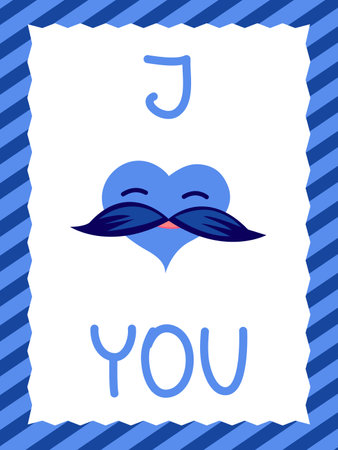 Valentine's day card. Cartoon male blue heart with mustache on the background of diaonal stripes and the inscription I love youのイラスト素材