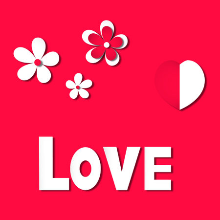 LOVE on a red background. Illustration with text, flowers and a heart of two halves - cut from paper. Valentines day illustrationの写真素材