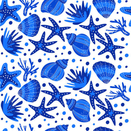 Marine blueseamless pattern. Seashells, shells, starfish, corals. Design of textiles, fabrics, wallpapers, printsのイラスト素材