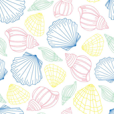 Seamless pattern of hand drawn sea shells, oysters, conches. Marine outline illustration of multicolored shellsのイラスト素材