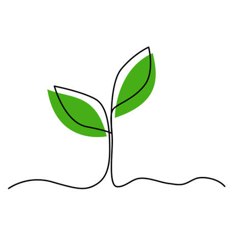 Single continuous line art growing plant leaves. Environmental protection concept, eco natural farm concept, Earth day, organic food, vegan products. Sketch outline drawing vector illustrationのイラスト素材