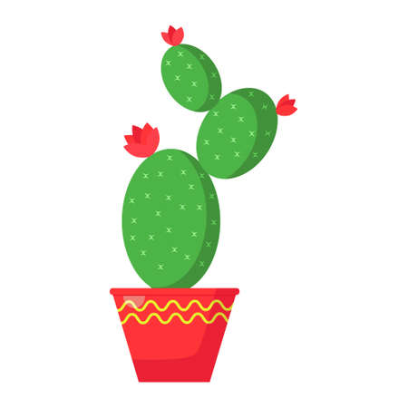 Cute cactus with a red flower in a red pot. Home plants. Flat illustrationのイラスト素材