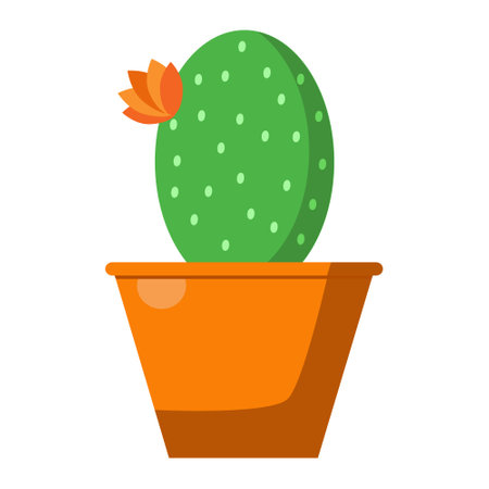 Cute oval cactus with orange flower in a pot. Houseplant on a white background, home plant. Flat illustrationのイラスト素材